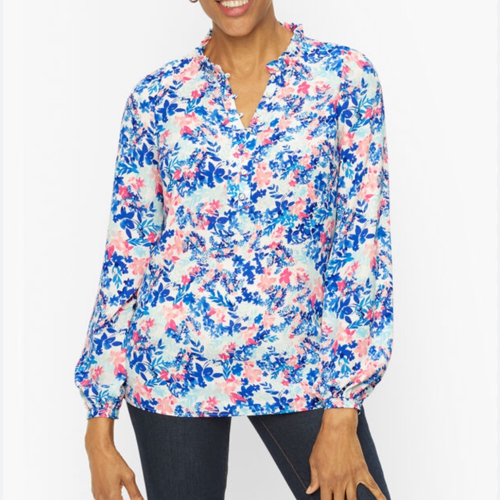 Talbots Ruffle Trim Popover Pullover Top Blouse Floral 1X petite